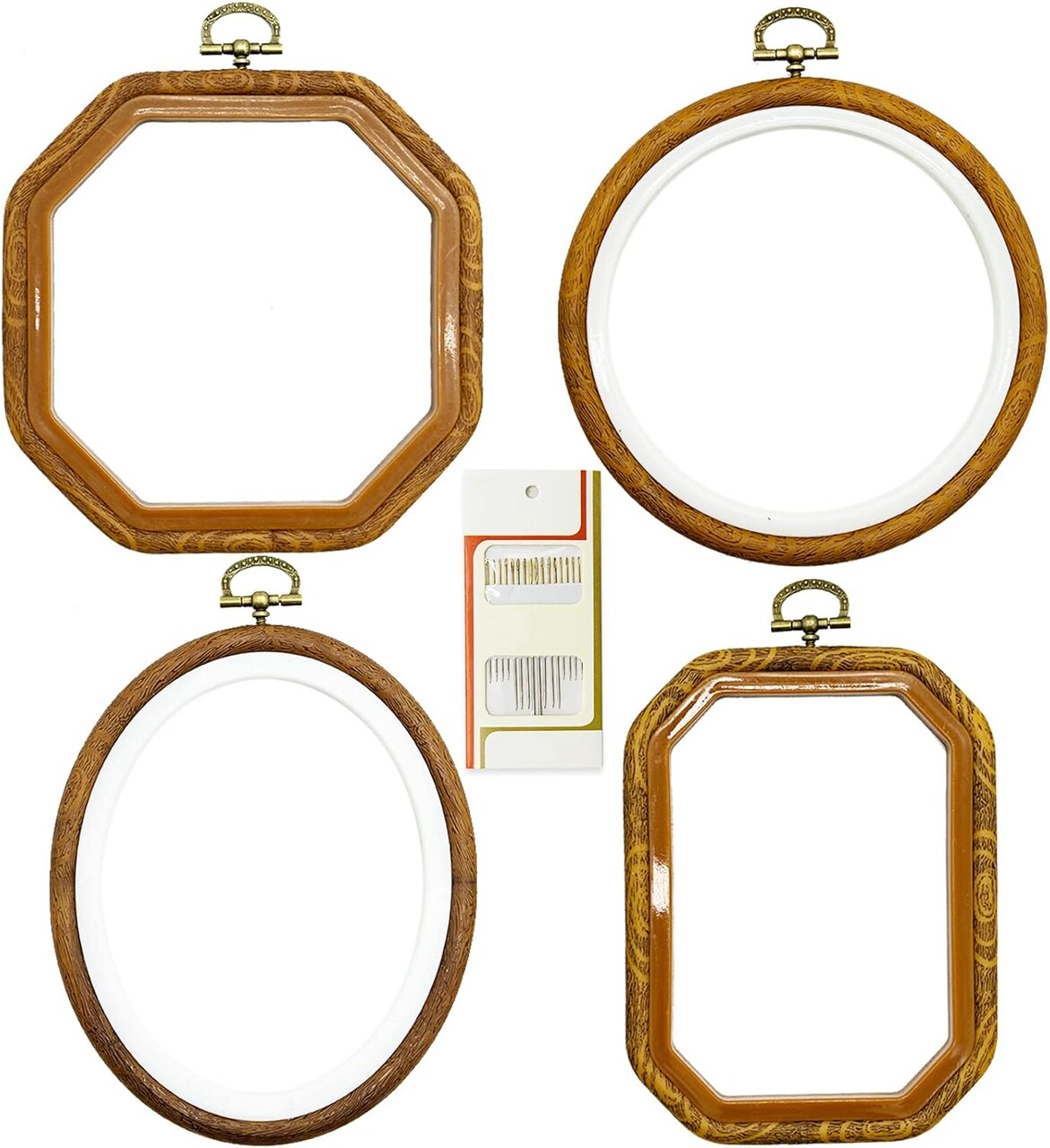 Faux Wood Embroidery Hoop Set – 4 Sizes with Including 16 Gold Needles